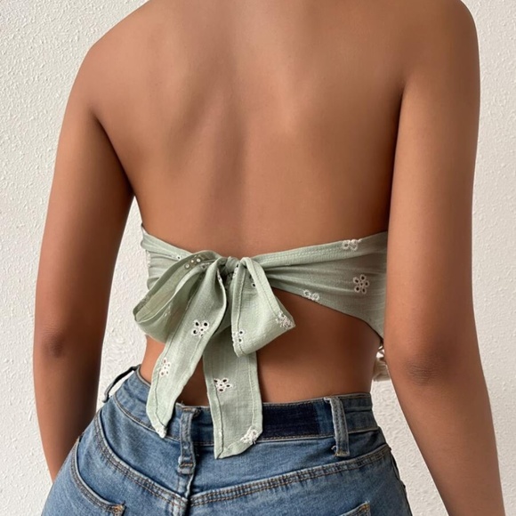 Boho Pastel Green Floral tassel Hem Crop Top - Picture 3 of 4